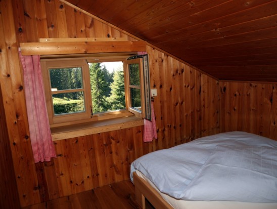 Doppelzimmer im Obergeschoss der Firstwandhütte 2 mit Waldblick